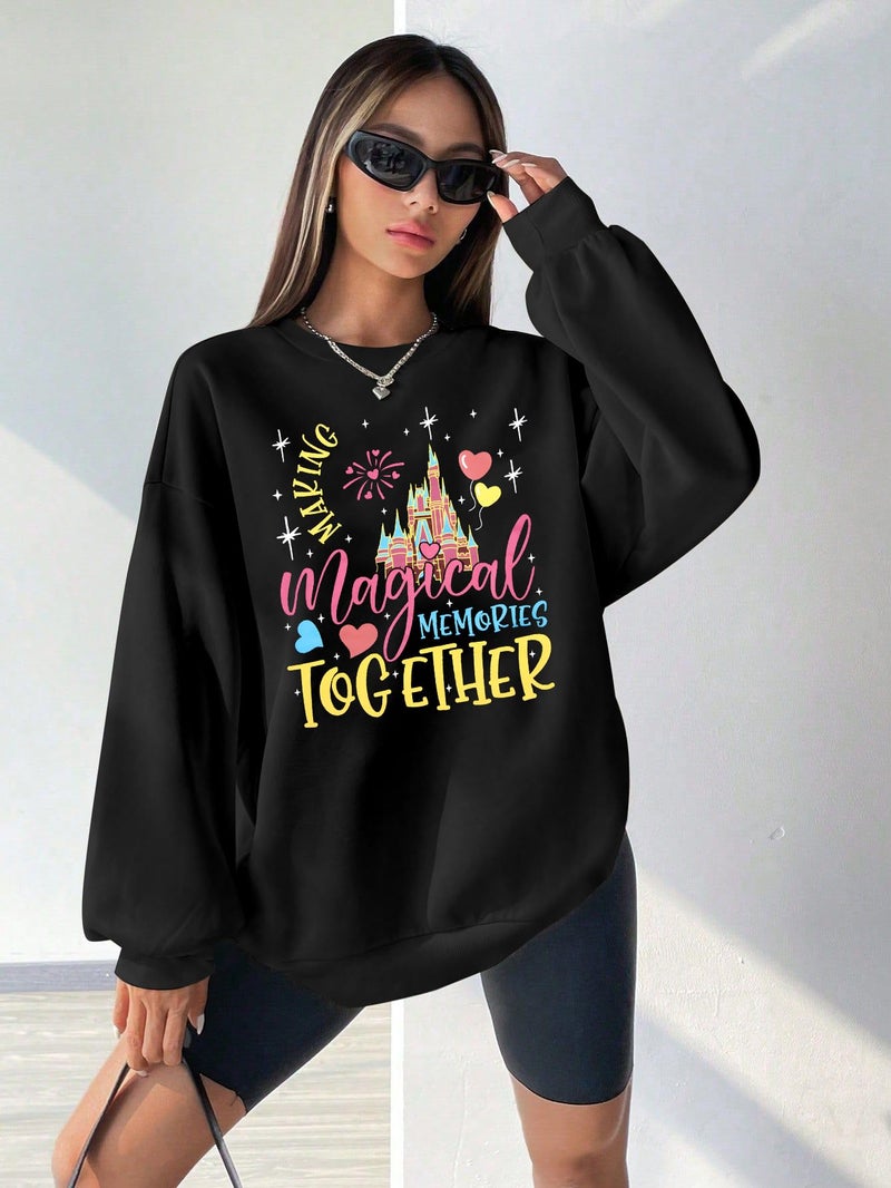 MYHALF Oversized Magic Kingdom Sweatshirts Women: Magical Castle Graphic Shirts Funny Letter Print Long Sleeve Crewneck Tops Black C - Image 4