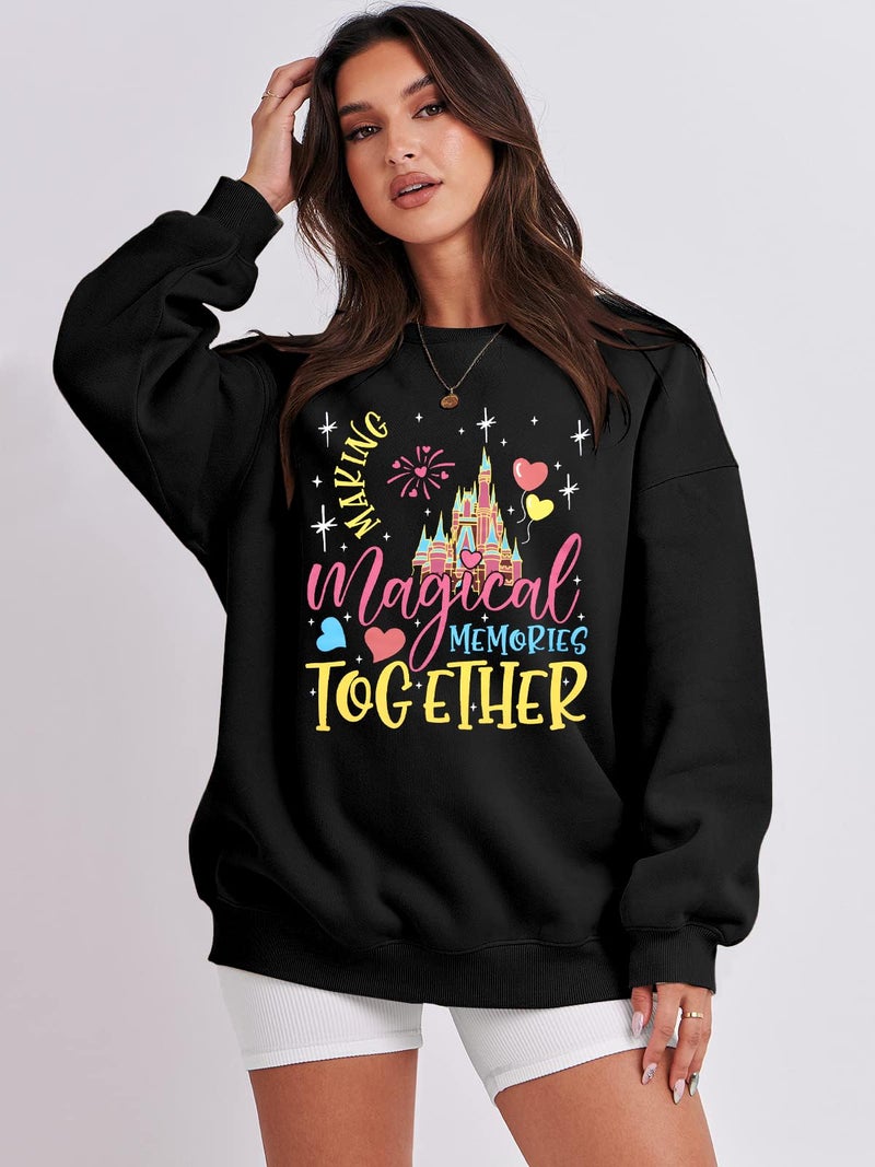 MYHALF Oversized Magic Kingdom Sweatshirts Women: Magical Castle Graphic Shirts Funny Letter Print Long Sleeve Crewneck Tops Black C - Image 3