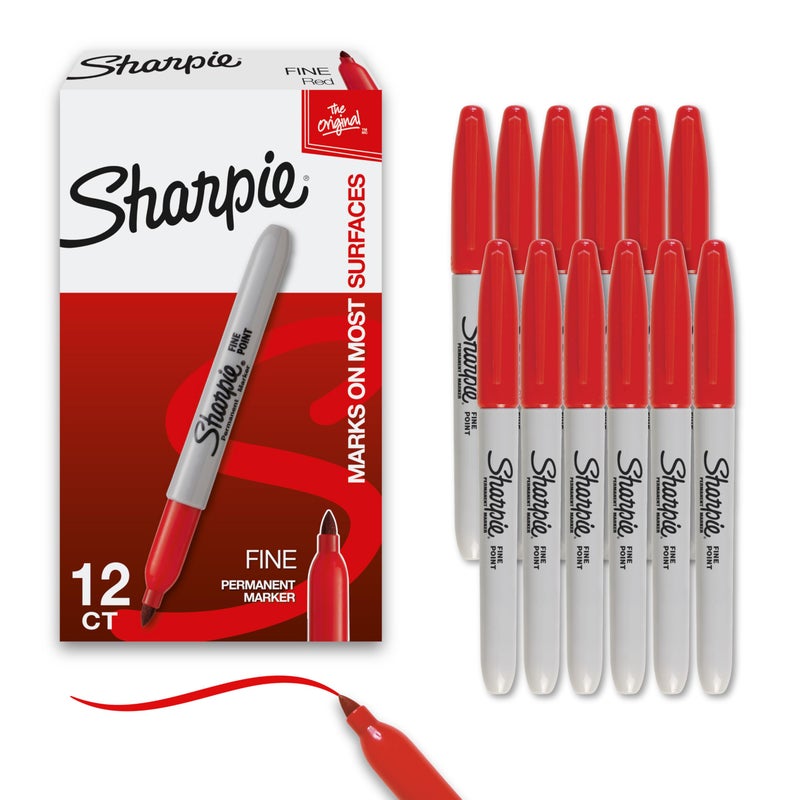 Sharpie Permanent Markers, Fine Tip, Red, 12 Count - Office Supplies, Quick Drying, Fade Resistant, For Plastic, Metal, Wood, And More - Image 1