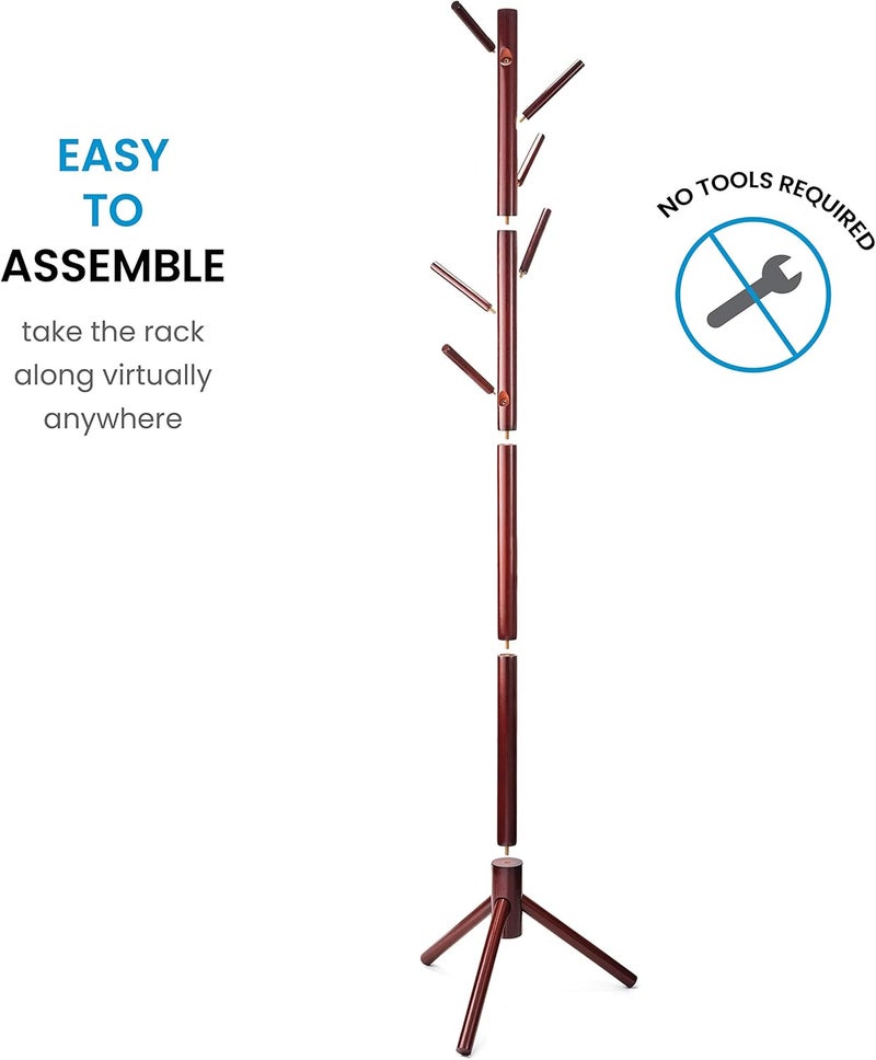 ZOBER Coat Rack Freestanding - Wooden 6 Hanger Clothing Rack with Modern Hooks for Bag, Hat, Jacket, Purse, Umbrella - Standing Hat Rack Coat Hanger for Entryway - Cherry - Image 3