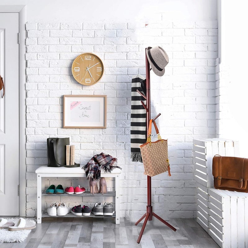 ZOBER Coat Rack Freestanding - Wooden 6 Hanger Clothing Rack with Modern Hooks for Bag, Hat, Jacket, Purse, Umbrella - Standing Hat Rack Coat Hanger for Entryway - Cherry - Image 2