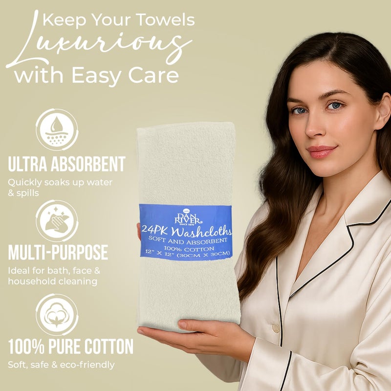 DAN RIVER 24 Pack Wash Cloths for Showering [12x12] - 100% Cotton Washcloths Premium Quality Flannel Face Cloths for Bathroom, Highly Absorbent and Soft Feel Wash Clothes, Ivory - Image 4