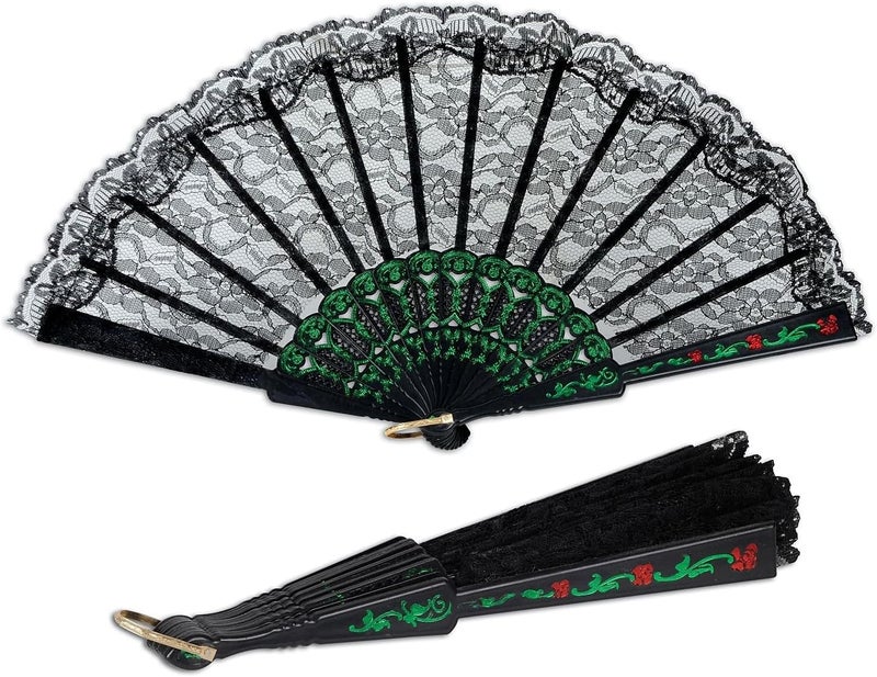 Beistle Floral Lacey Fan Prop - 9.5 Inch Black Lace Fan with Green Floral Design