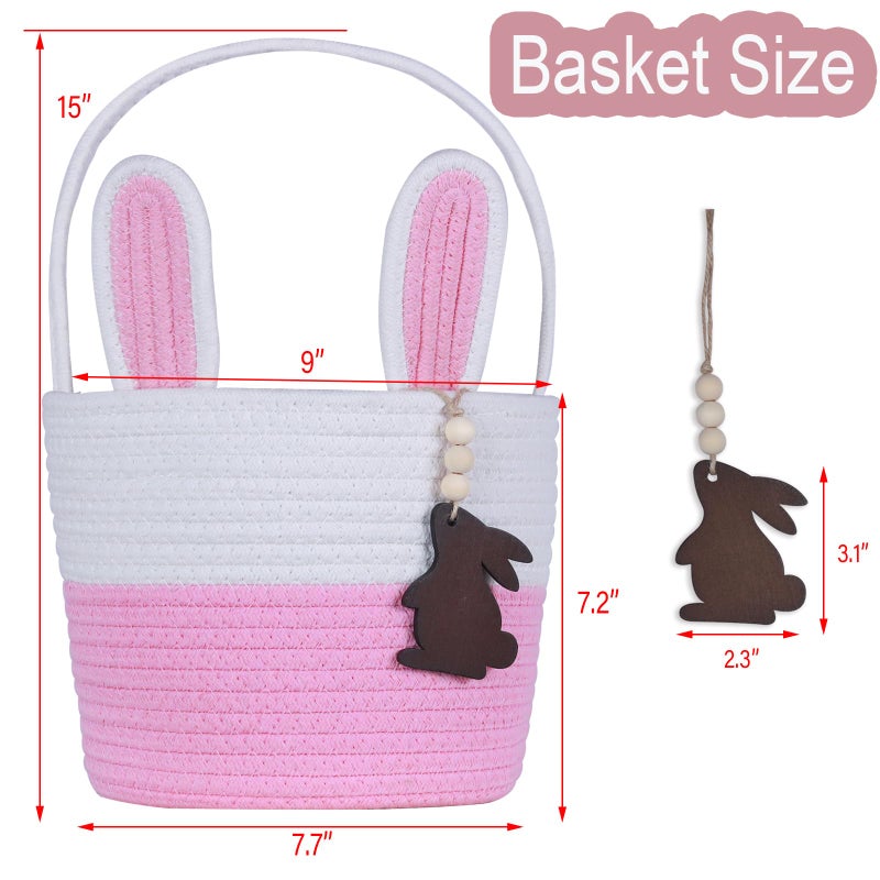 K-MLICE Easter Basket, Empty Easter Baskets for Kids Boys Girls with Bunny Tag Egg Basket Eater Gifts Basket Toddler Teens Babys First Easter Basket with Handle Pink White - Image 3