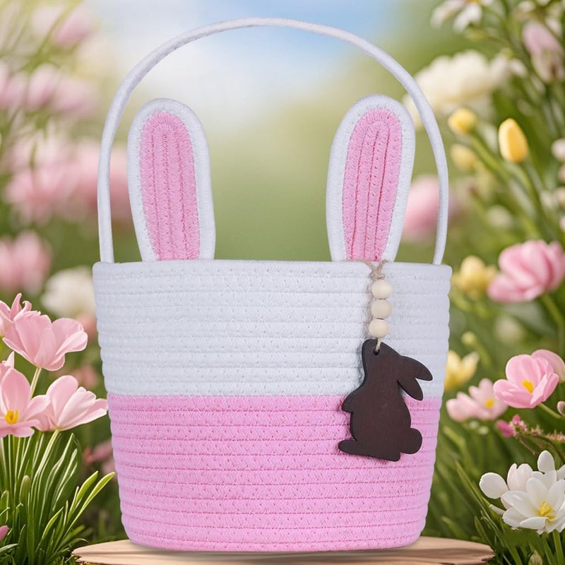 K-MLICE Easter Basket, Empty Easter Baskets for Kids Boys Girls with Bunny Tag Egg Basket Eater Gifts Basket Toddler Teens Babys First Easter Basket with Handle Pink White - Image 2