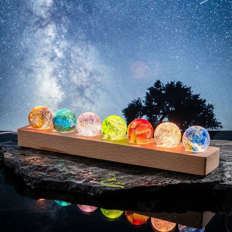 Movdyka 7 Colorful Glass Crystal Ball Desk ecorations Chakra Healing Stones Spheres with LED Wooden Stand Quartz Crystal Meditation Night Light Positive Energy Decor Gifts for Him Her 15740mm