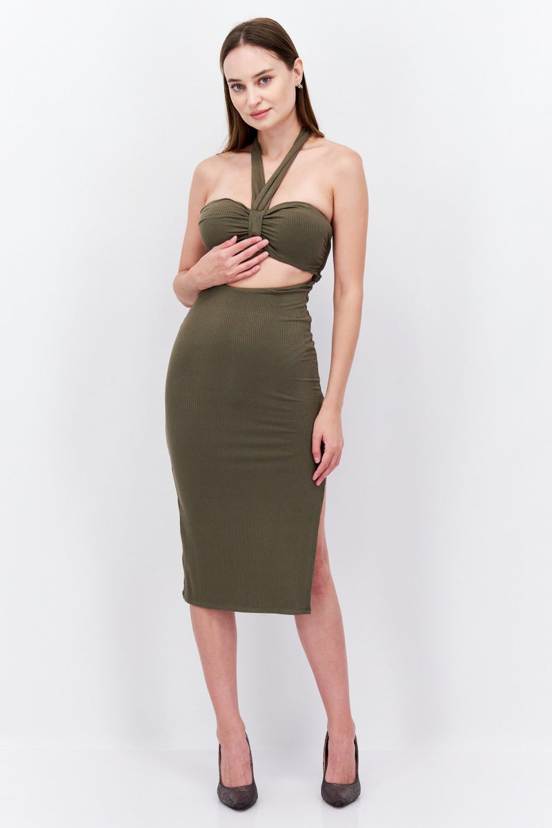 Endless Blu Women Ribbed Cut Out Midi Dress, Olive - Image 1