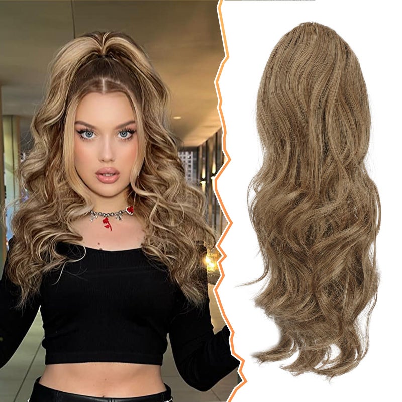 BARSDAR Short Wavy Drawstring Ponytail - 16 Inch Synthetic Clip in Hair Extensions - Ash Brown Mixed - Image 1