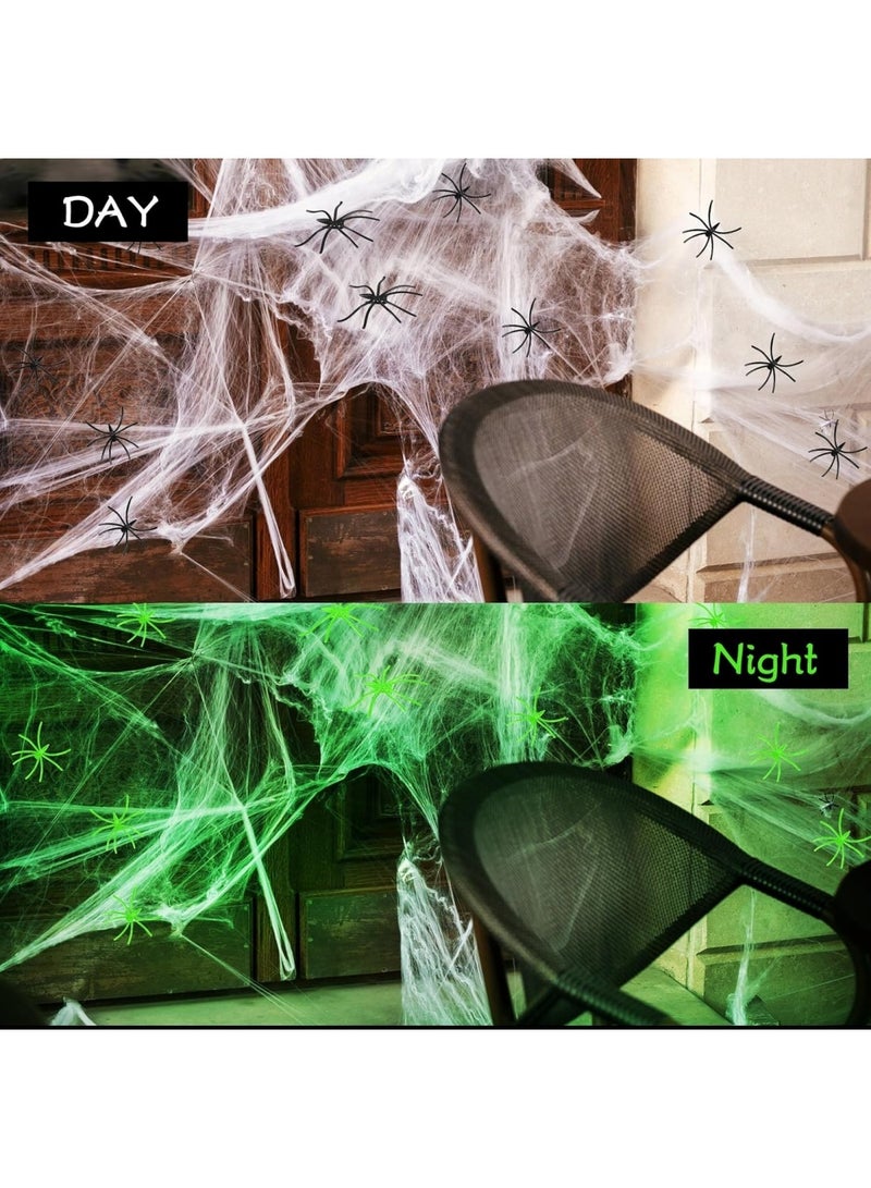 هالوين زينة الهالوين من شبكات العنكبوت بمساحة 1200 قدم مربع مع 90 عنكبوتًا مزيفًا، وشبكات عنكبوت متوهجة في الظلام، وشبكات عنكبوت فائقة التمدد لحفلات الهالوين الداخلية والخارجية. - Image 3