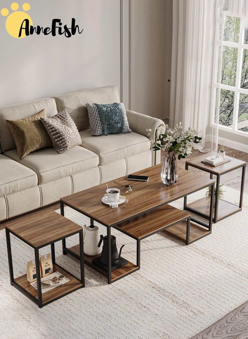 AnneFish 3 Piece Coffee Table Sets 3 Tier Center Square Sofa Coffee Table Side Tables Set End Table Sets of 3 Metal Frame for Home Living Room Easy Assembly - Image 1