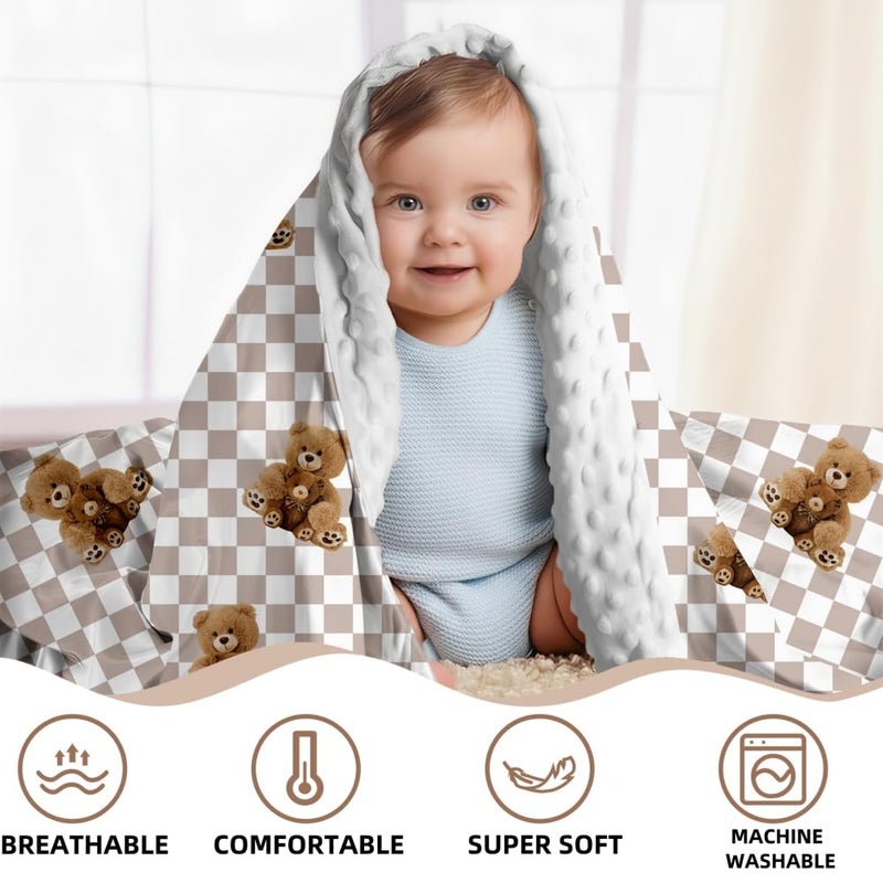 FIGEPO Bear and Buffalo Check Plaid Baby Blanket Gender Neutral Blankets for Newborn Baby Girls or Boys Nursery Toddler Double Layer Blanket with Dotted Backing and Bear Printed (Bear 2) - Image 3