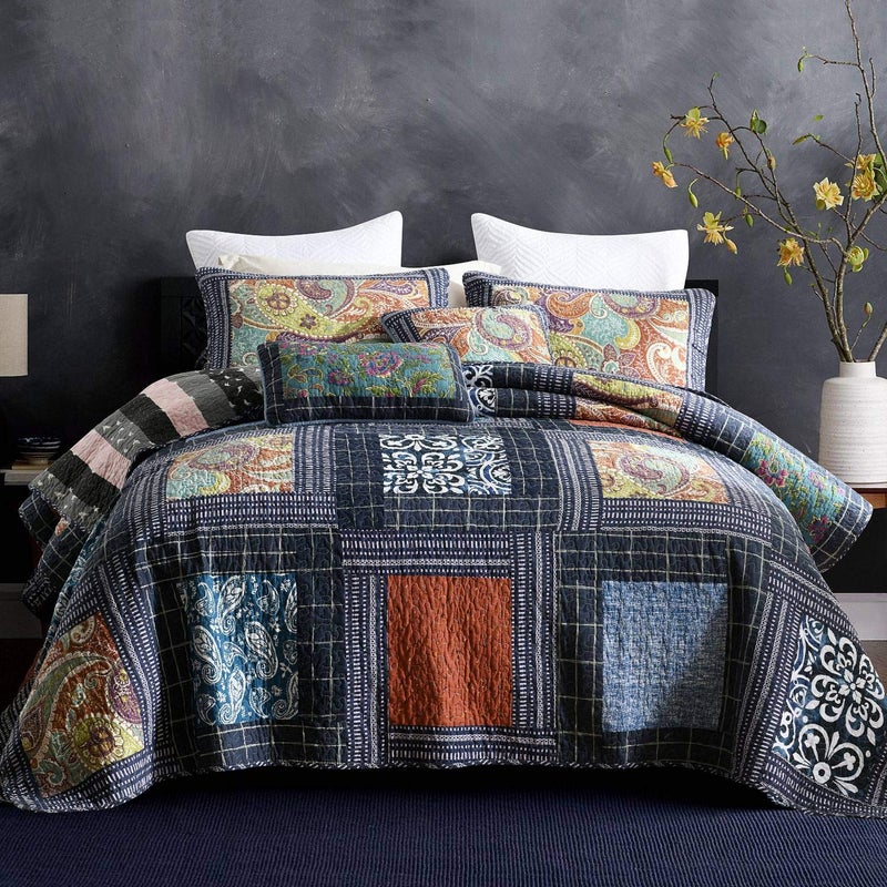 NEWLAKE Bedspread Quilt Set with Real Stitched Embroidery Paisley Grid PatternQueen Size