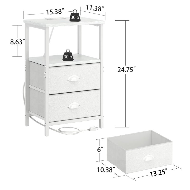 sthmec Nightstand with Charging Station, LED Night Stand Set 2, Bedside Table End Tables Set of 2, Bedroom Tables with 2 Fabric Drawers PU Finish, 3-Tier Storage Side Table for Bedroom,White - Image 3