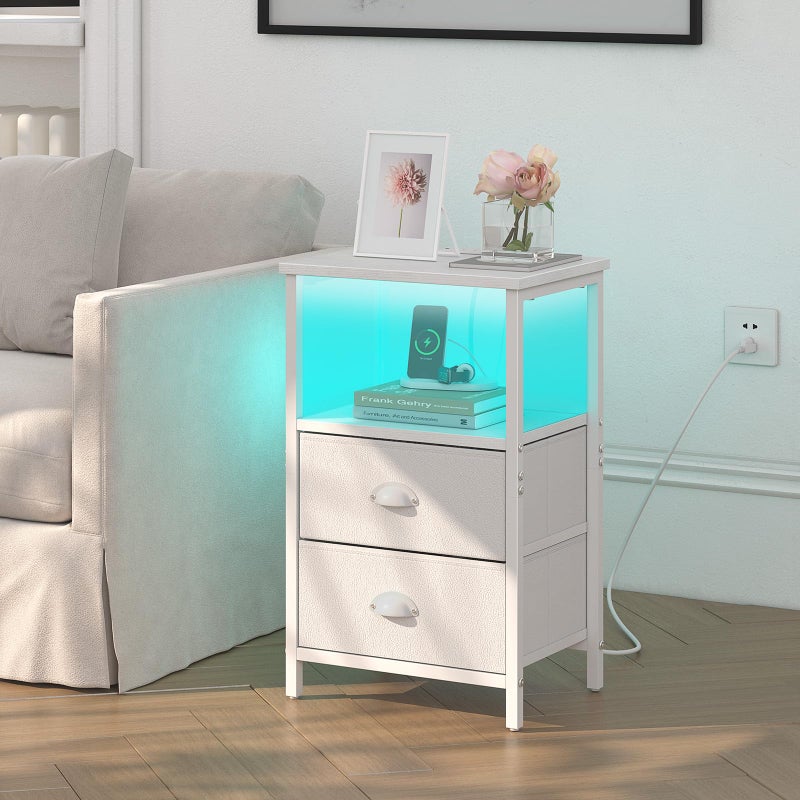 sthmec Nightstand with Charging Station, LED Night Stand Set 2, Bedside Table End Tables Set of 2, Bedroom Tables with 2 Fabric Drawers PU Finish, 3-Tier Storage Side Table for Bedroom,White - Image 2