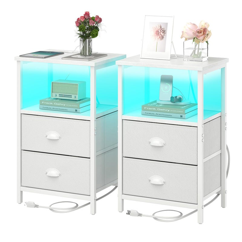 sthmec Nightstand with Charging Station, LED Night Stand Set 2, Bedside Table End Tables Set of 2, Bedroom Tables with 2 Fabric Drawers PU Finish, 3-Tier Storage Side Table for Bedroom,White - Image 1
