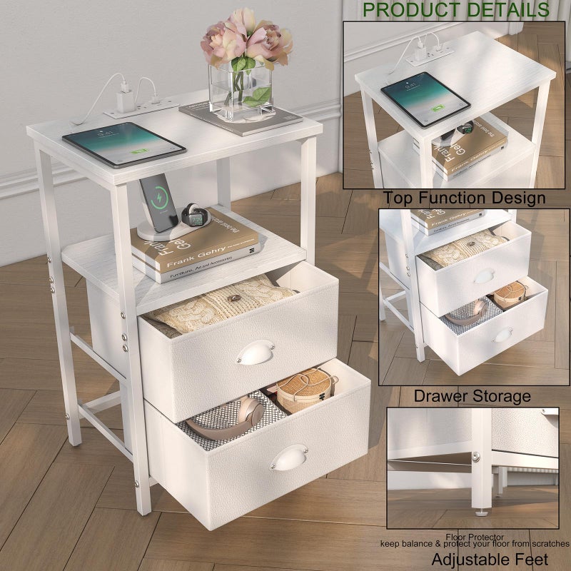 sthmec Nightstand with Charging Station, LED Night Stand Set 2, Bedside Table End Tables Set of 2, Bedroom Tables with 2 Fabric Drawers PU Finish, 3-Tier Storage Side Table for Bedroom,White - Image 5