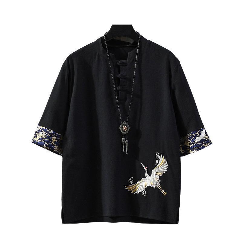 Linen Short-Sleeved T-Shirt Men'S Embroidered Summer Thin Loose Plus Size Tang Clothes Chinese Style Men'S Cotton And Linen T-Shirt - Image 5