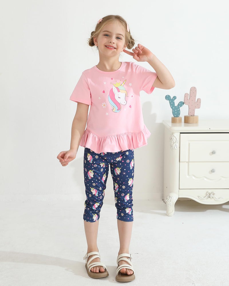 CARETOO Toddler Spring Clothes for Girls 4t 5t 2pcs Girls Summer Outfit Sets Adorable Unicorn Pattern Ruffle Hem Pink Short Sleeve Top and Floral Capri Pant 4-5t for Outdoor Adventures - Image 2
