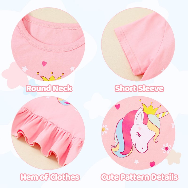 CARETOO Toddler Spring Clothes for Girls 4t 5t 2pcs Girls Summer Outfit Sets Adorable Unicorn Pattern Ruffle Hem Pink Short Sleeve Top and Floral Capri Pant 4-5t for Outdoor Adventures - Image 5