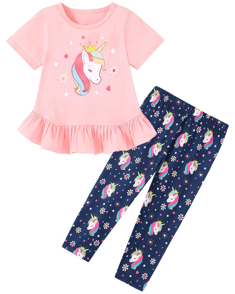 CARETOO Toddler Spring Clothes for Girls 4t 5t 2pcs Girls Summer Outfit Sets Adorable Unicorn Pattern Ruffle Hem Pink Short Sleeve Top and Floral Capri Pant 4-5t for Outdoor Adventures - Image 1