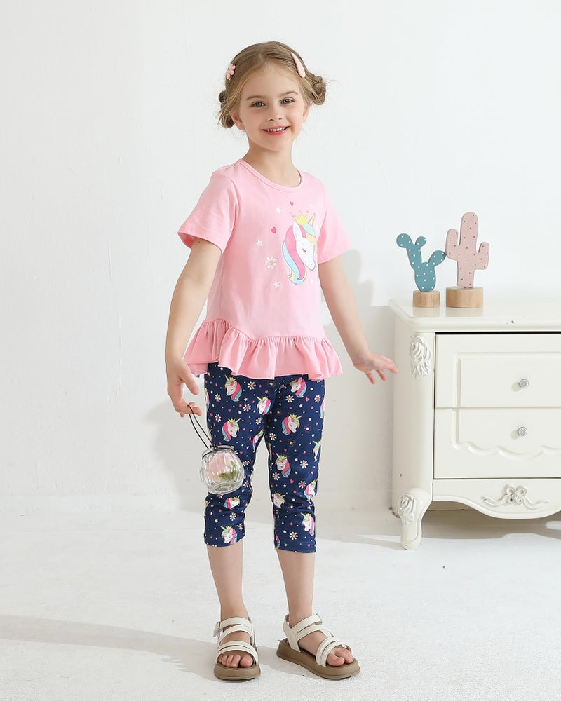 CARETOO Toddler Spring Clothes for Girls 4t 5t 2pcs Girls Summer Outfit Sets Adorable Unicorn Pattern Ruffle Hem Pink Short Sleeve Top and Floral Capri Pant 4-5t for Outdoor Adventures - Image 3