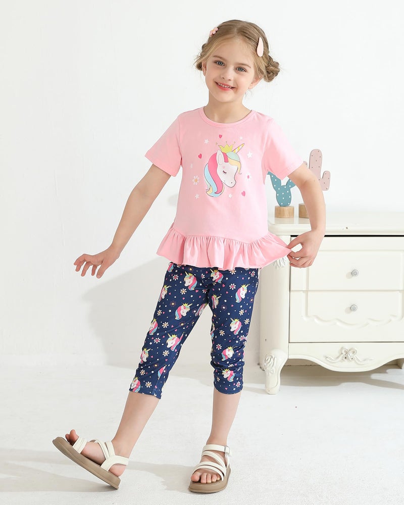 CARETOO Toddler Spring Clothes for Girls 4t 5t 2pcs Girls Summer Outfit Sets Adorable Unicorn Pattern Ruffle Hem Pink Short Sleeve Top and Floral Capri Pant 4-5t for Outdoor Adventures - Image 4