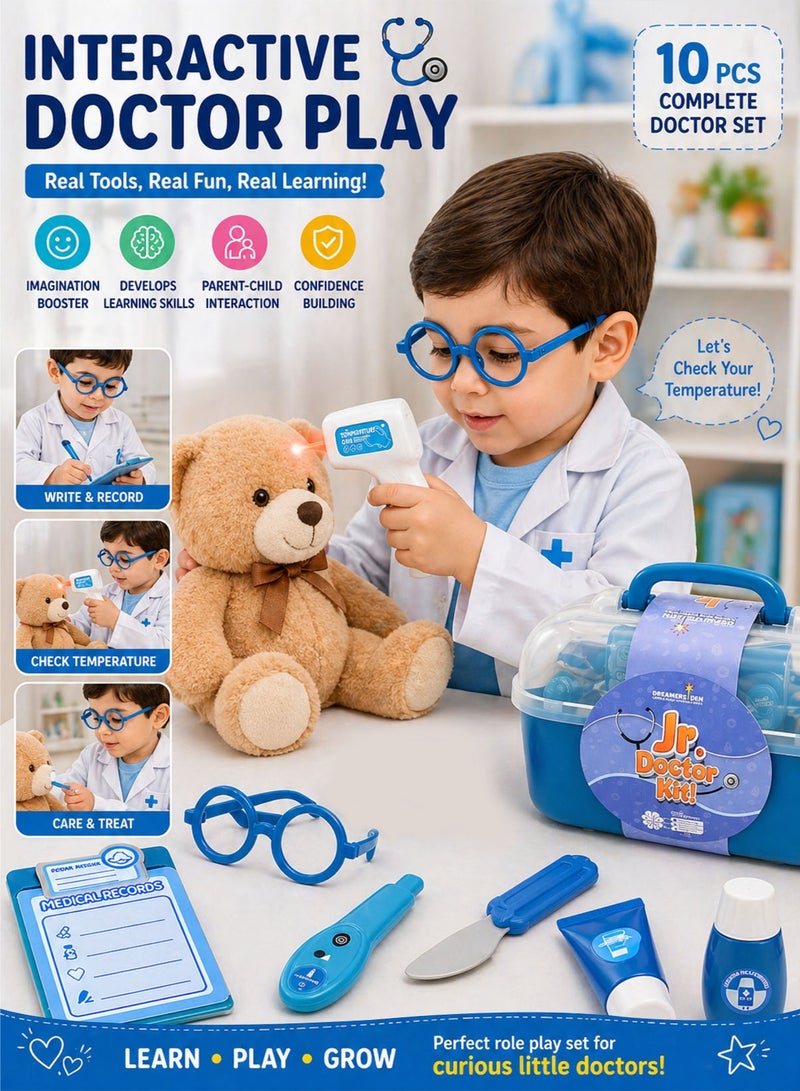 Jr. Doctor Kit! Jr Doctor Kit 10 Pcs Kids Medical Play Set with Carry Case and Doctor Bag Pretend Play Medical Kit for Boys Girls Toddlers Educational Clinic Role Play Toy with Thermometer Gun Clipboard Glasses Medicine Bottle Cream Tube Spatula Medical Tools Portable Preschool Learning Toy Birthday Gift - Image 4