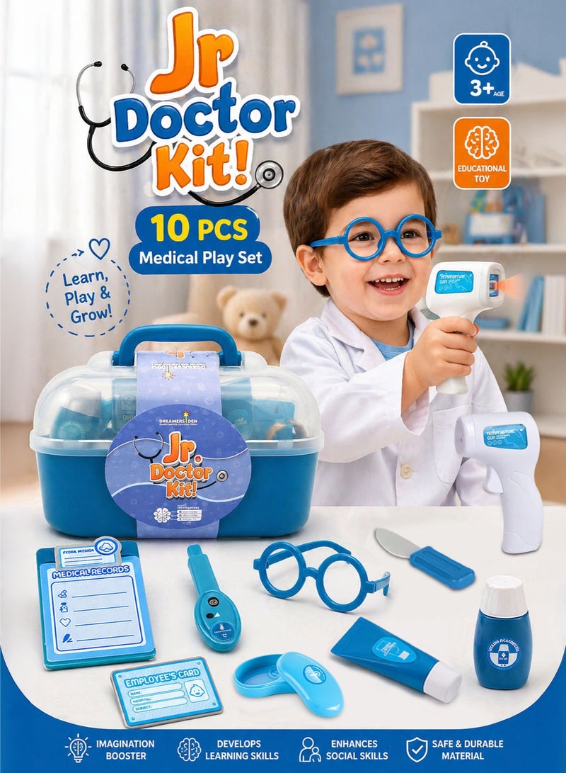 Jr. Doctor Kit! Jr Doctor Kit 10 Pcs Kids Medical Play Set with Carry Case and Doctor Bag Pretend Play Medical Kit for Boys Girls Toddlers Educational Clinic Role Play Toy with Thermometer Gun Clipboard Glasses Medicine Bottle Cream Tube Spatula Medical Tools Portable Preschool Learning Toy Birthday Gift - Image 1