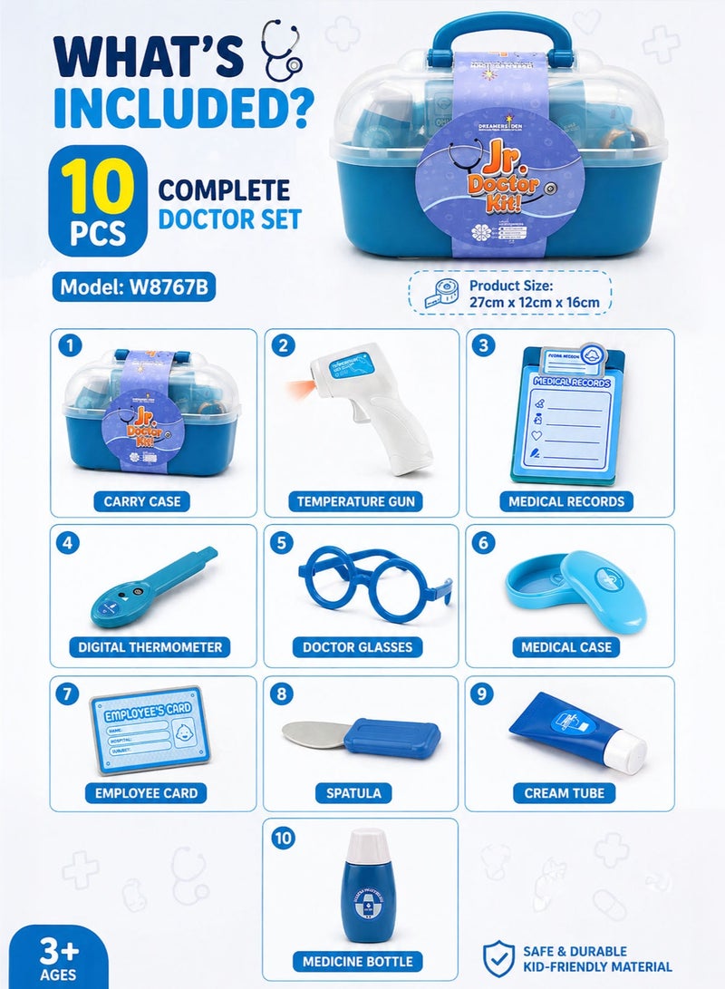 Jr. Doctor Kit! Jr Doctor Kit 10 Pcs Kids Medical Play Set with Carry Case and Doctor Bag Pretend Play Medical Kit for Boys Girls Toddlers Educational Clinic Role Play Toy with Thermometer Gun Clipboard Glasses Medicine Bottle Cream Tube Spatula Medical Tools Portable Preschool Learning Toy Birthday Gift - Image 2