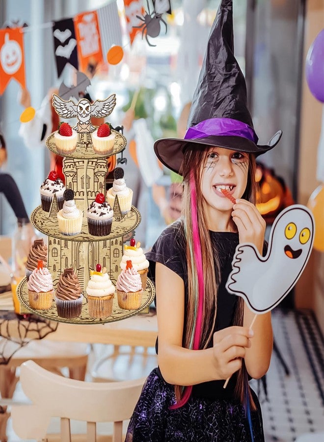 Lukinuo Wizard Cupcake Stand 3 Tier Magical Wizard Birthday Party Cake Stand Owl Theme Cupcake Stands Halloween Castle Dessert Tower Holder for Magical School Theme Halloween Decor Supplies - Image 4