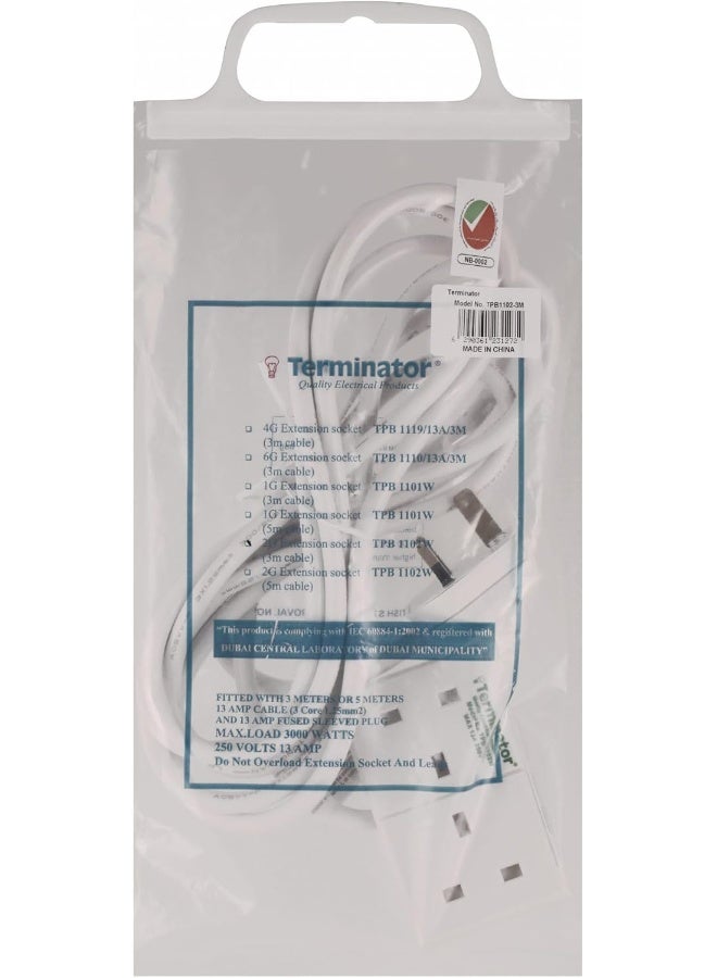 Terminator 2-Way UK Power Extension Socket with 3 Meter Cable - Double Gang Wall Extension Lead for Home & Office - Image 2