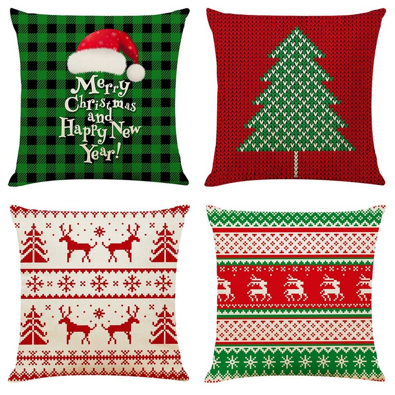 Ogrmar 4PCS 18x18 Throw Pillow Covers Christmas Decorative Couch Pillow Cases Cotton Linen Square Cushion Cover for Sofa Couch Bed and Car ChristmasG
