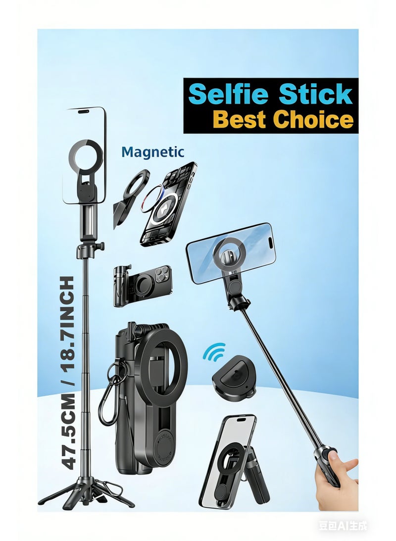 ZONBON 18.7 Inches(47.5cm) Magnetic 4-in-1 Selfie Stick – Compact & Portable Magsafe-Compatible Tripod with Detachable Bluetooth Remote, 360° Rotatable Phone Holder, for iPhone 12/13/14 and More - Image 1