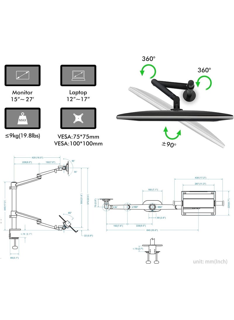 Generic 3-in-1 Adjustable Laptop Stand with Dual Monitor Mount – Fits 12"–17" Laptops & Two 27" VESA Screens – Aluminum Black Workstation Riser  - Image 2