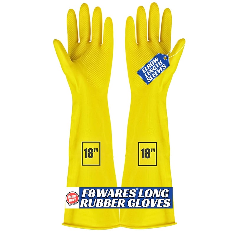F8WARES قفازات مطاطية بطول 18 بوصة مع كم طويل سميك مقاوم للماء للاستخدام الصناعي في الحدائق وتنظيف الحمامات والمراحيض وغسل الأطباق قابلة لإعادة الاستخدام حزمة من زوج واحد - Image 1