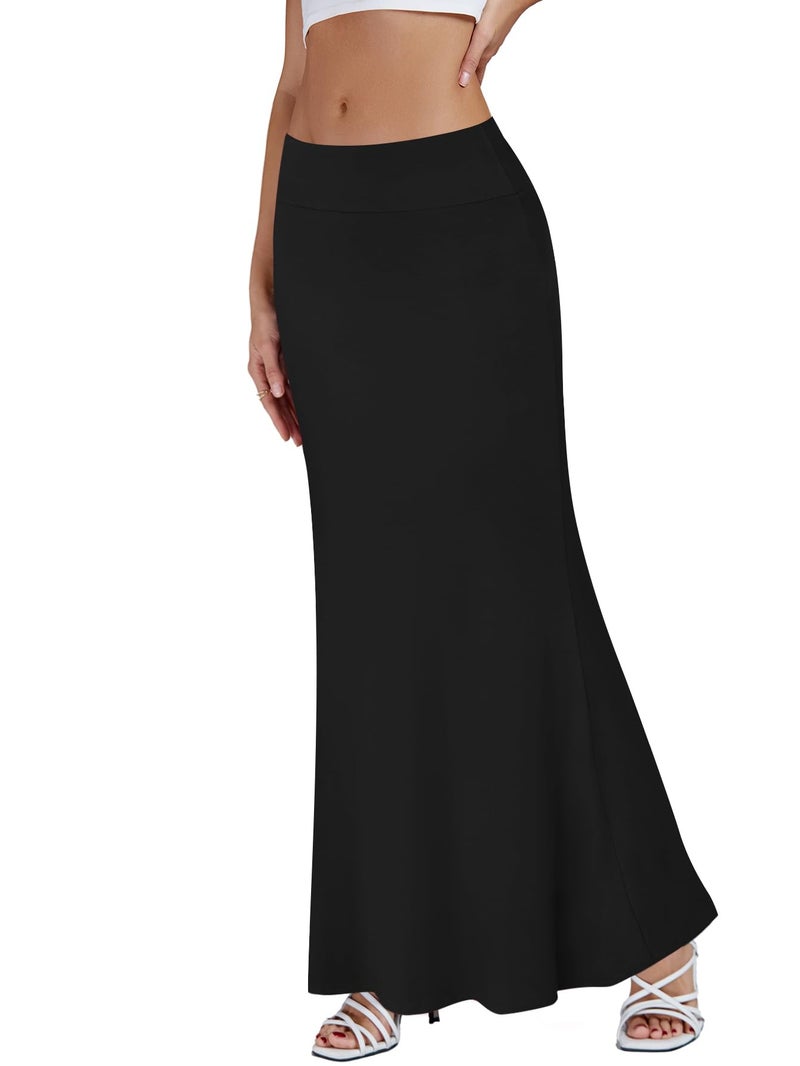 KIFOVEN Women's Foldover High Waist Maxi Skirt Stretchy Comfy Flare Long Skirts 2026 Fashion A-Line Flowy Casual Skirt Solid Black Small - Image 3