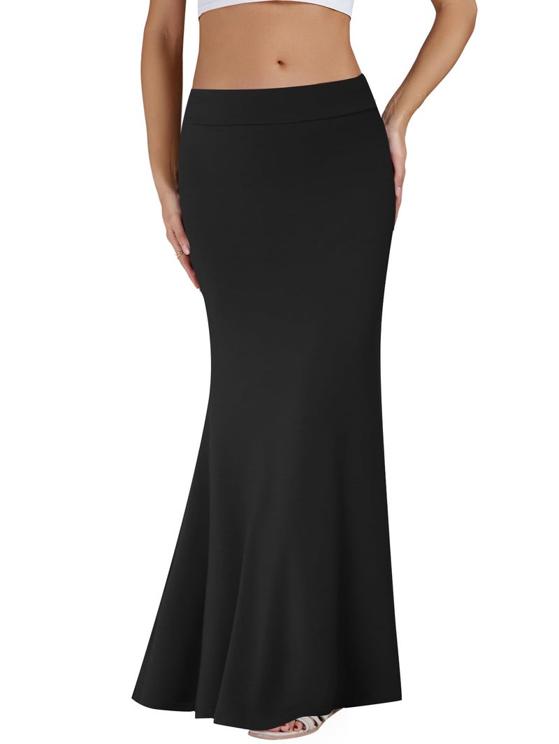 KIFOVEN Women's Foldover High Waist Maxi Skirt Stretchy Comfy Flare Long Skirts 2026 Fashion A-Line Flowy Casual Skirt Solid Black Small - Image 1