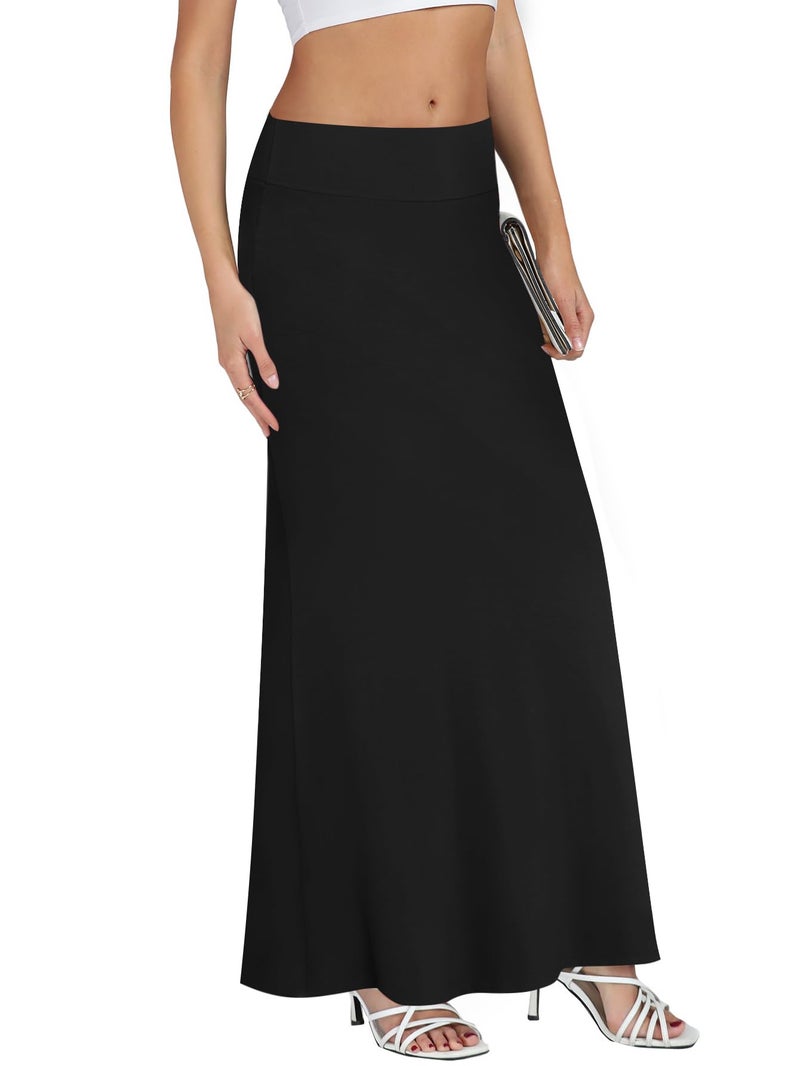 KIFOVEN Women's Foldover High Waist Maxi Skirt Stretchy Comfy Flare Long Skirts 2026 Fashion A-Line Flowy Casual Skirt Solid Black Small - Image 4