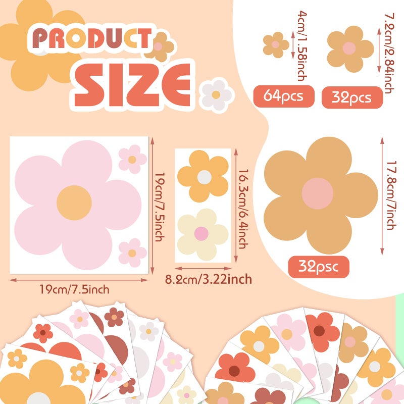 Hotop 128 Pcs Cute Flowers Wall Decal Daisy Wall Stickers Pastel Aesthetic Preppy Hippie Trendy Wall Flowers Wall Decor Colorful Boho Wall Art Decor for Dorm Bedroom(Groovy Retro Hippie) - Image 3