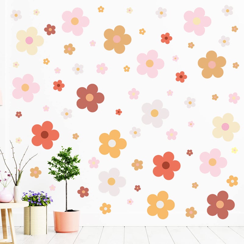 Hotop 128 Pcs Cute Flowers Wall Decal Daisy Wall Stickers Pastel Aesthetic Preppy Hippie Trendy Wall Flowers Wall Decor Colorful Boho Wall Art Decor for Dorm Bedroom(Groovy Retro Hippie) - Image 1
