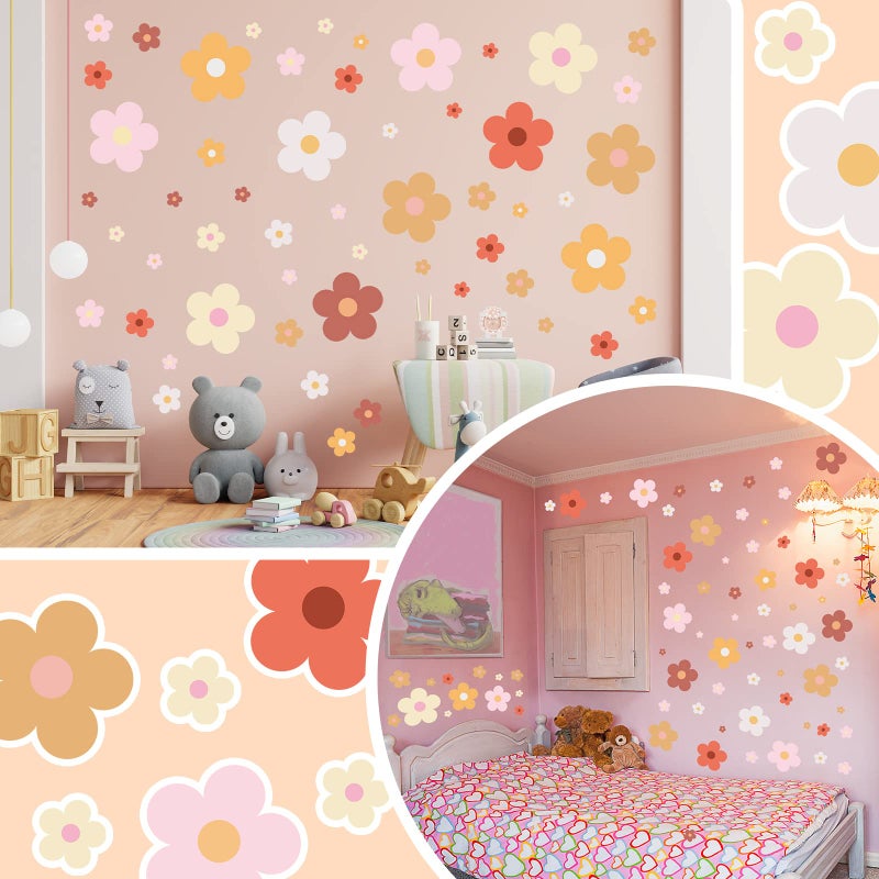 Hotop 128 Pcs Cute Flowers Wall Decal Daisy Wall Stickers Pastel Aesthetic Preppy Hippie Trendy Wall Flowers Wall Decor Colorful Boho Wall Art Decor for Dorm Bedroom(Groovy Retro Hippie) - Image 5