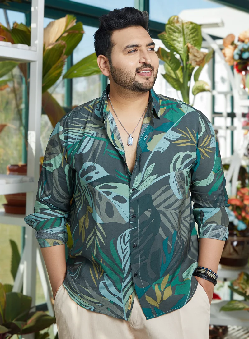 انستافاب بلس قميص رجالي مقاس كبير بنقشة استوائية بأكمام طويلة