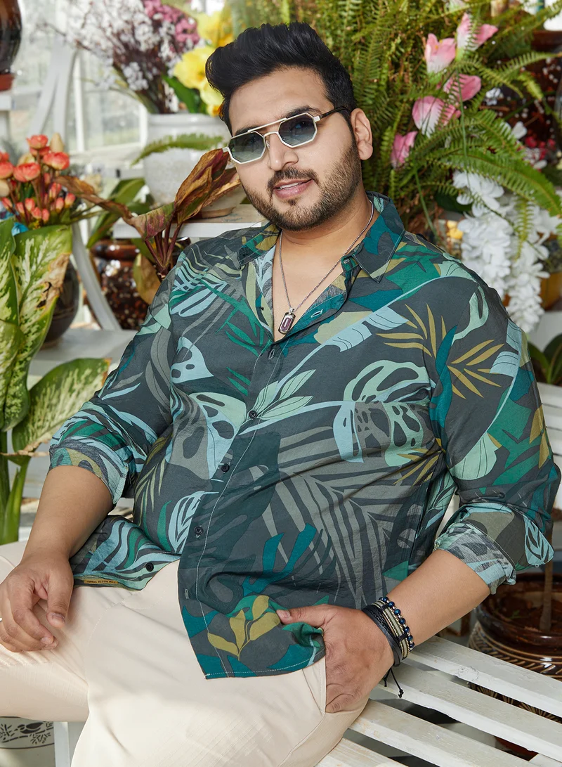 انستافاب بلس قميص رجالي مقاس كبير بنقشة استوائية بأكمام طويلة