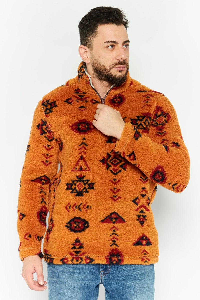 TRUE GRIT Men Mock Neck Graphic Print Long Sleeves Sweatshirt, Brown Combo  - Image 1