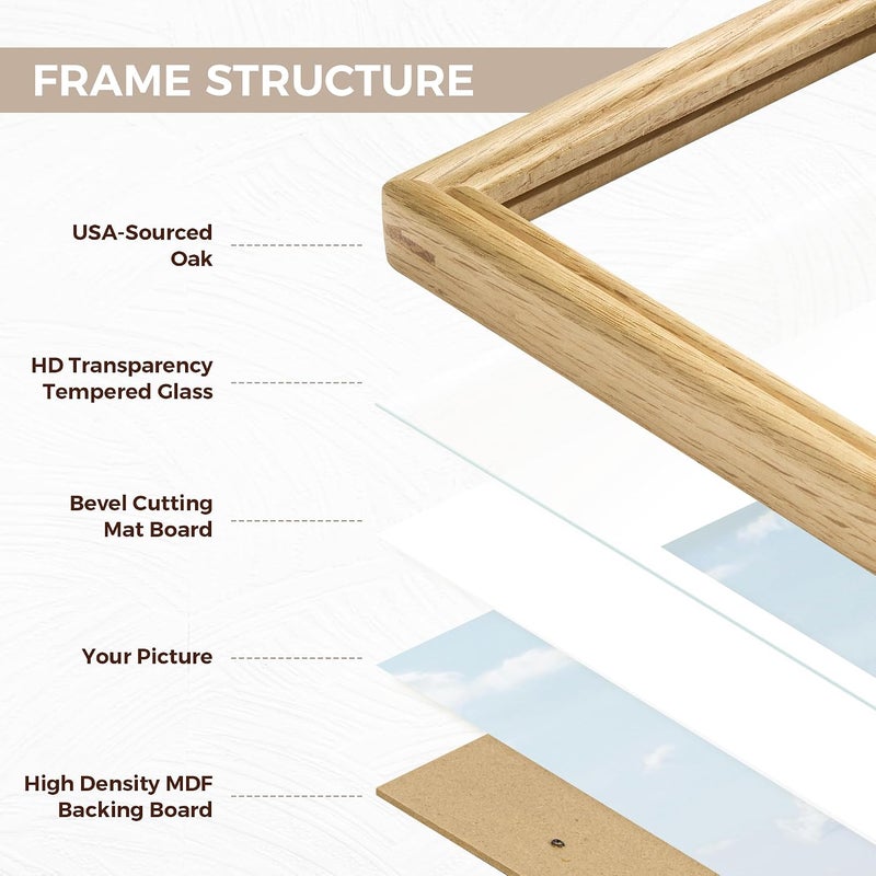 Fun Memories 6x8 Picture Frame, 6 x 8 Rounded Corner Frame for Tabletop or Wall Display, USA-Sourced Oak Wood Photo Frames with HD Tempered Glass, Display Photo 5x7 with Mat, Oak Color, 1 Pack - Image 3