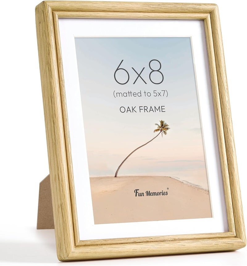 Fun Memories 6x8 Picture Frame, 6 x 8 Rounded Corner Frame for Tabletop or Wall Display, USA-Sourced Oak Wood Photo Frames with HD Tempered Glass, Display Photo 5x7 with Mat, Oak Color, 1 Pack - Image 1