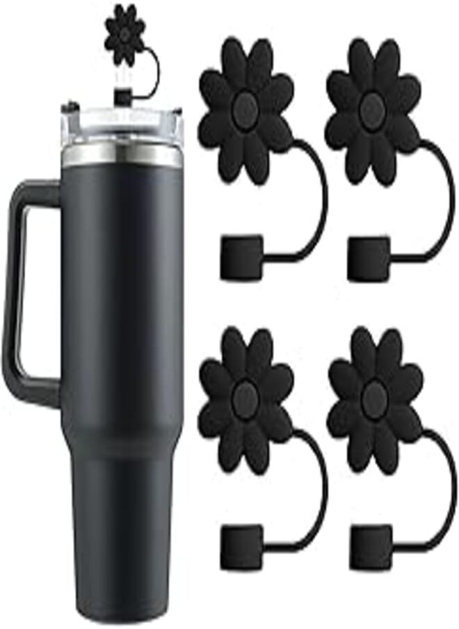 FASHION MANIA fashion mania 4 Pcs Flower Straw Covers for Cups 30&40 Oz Tumbler Accessories Silicone Straw Caps Reusable Straw Tips Protectors for Cup 10mm 0.4 inch Straws (black) 