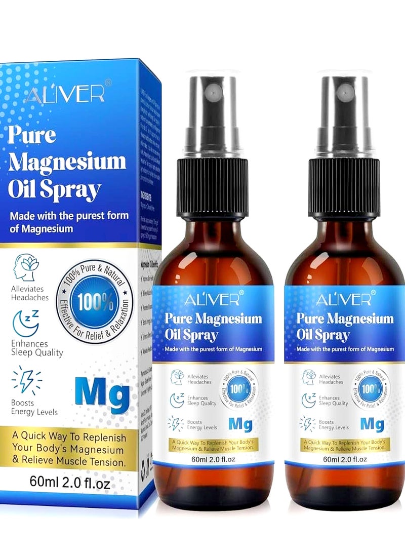 ALIVER - Pure Magnesium Oil ( 2 Pack ) ( 60mlx2 ) Spray,Magnesium Spray for Sleep and Anxiety,100% Pure & Natural,Gluten Free,Magical Topical Magnesium Oil Spray,Non-GMO Magnesium Spray for Feet and Body Muscle Relaxation Oil - Image 1