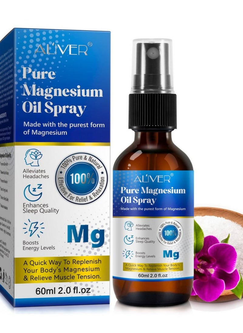 ALIVER - Pure Magnesium Oil ( 2 Pack ) ( 60mlx2 ) Spray,Magnesium Spray for Sleep and Anxiety,100% Pure & Natural,Gluten Free,Magical Topical Magnesium Oil Spray,Non-GMO Magnesium Spray for Feet and Body Muscle Relaxation Oil - Image 1