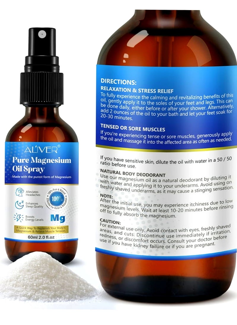 ALIVER - Pure Magnesium Oil ( 2 Pack ) ( 60mlx2 ) Spray,Magnesium Spray for Sleep and Anxiety,100% Pure & Natural,Gluten Free,Magical Topical Magnesium Oil Spray,Non-GMO Magnesium Spray for Feet and Body Muscle Relaxation Oil - Image 1